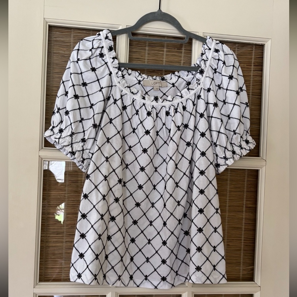 LOFT white and black embroidered peasant-style top